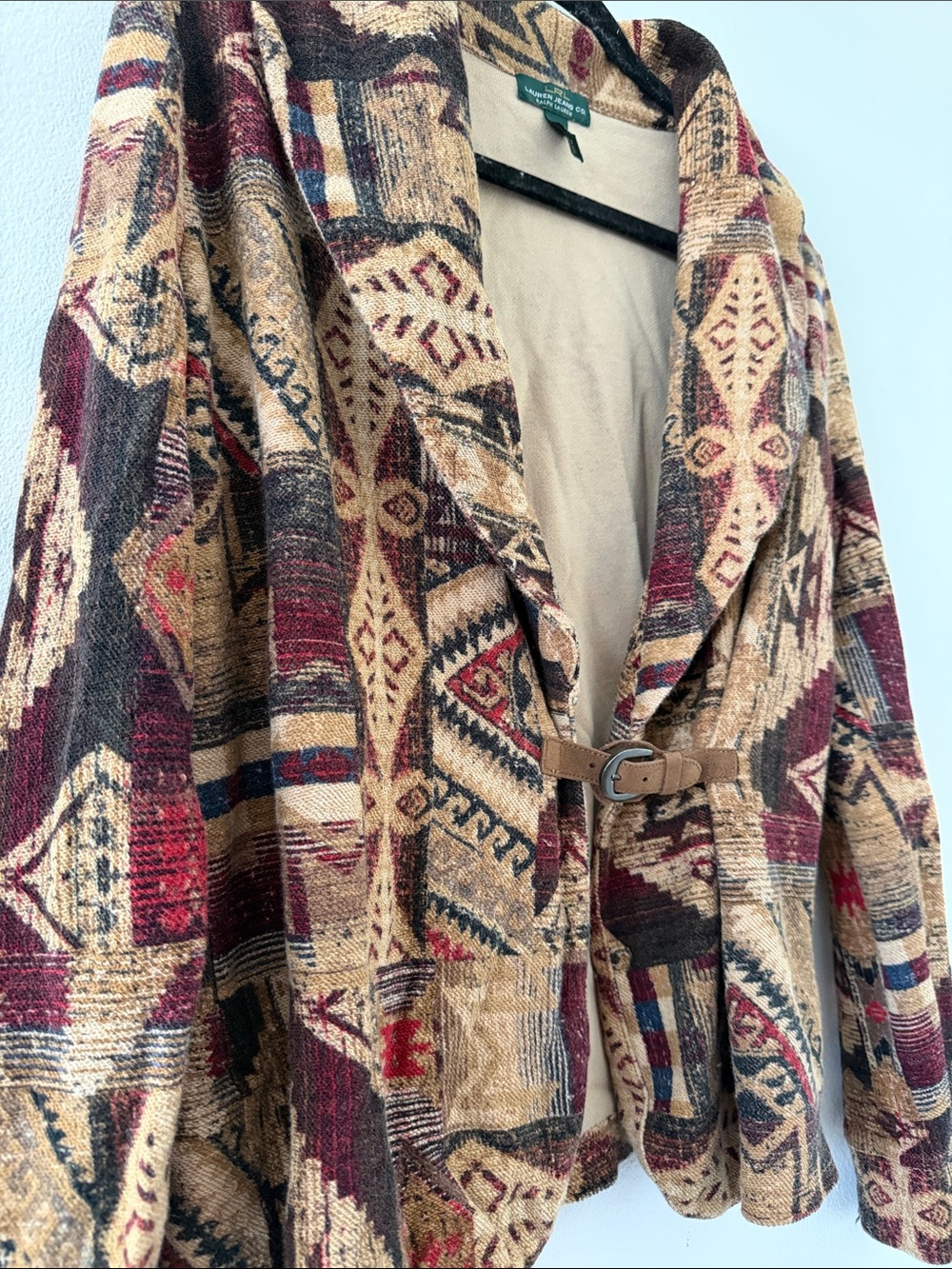 Lauren Ralph Lauren Tan, Burgundy & Navy Geometric Shawl Cardigan - Picture 3 of 4